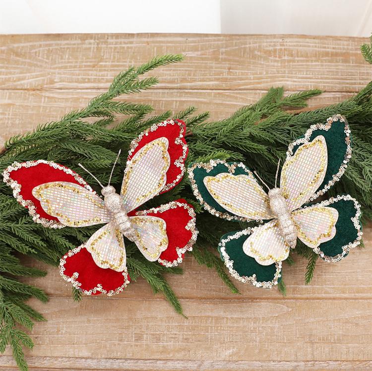 Set of 2 double-layer sequin butterfly ornaments, one dark green and one red, gold trim