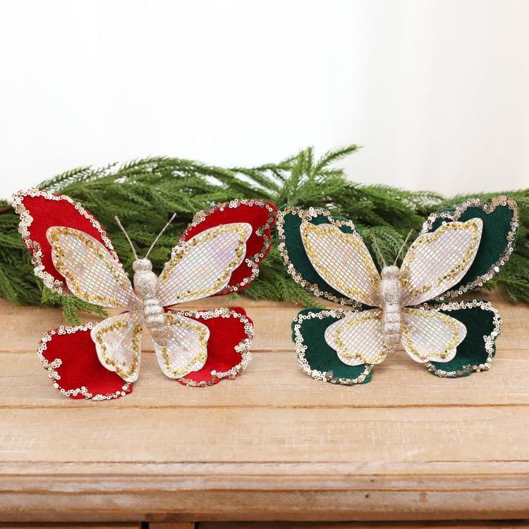 Set of 4 double-layer sequin butterfly ornaments, red and dark green with gold trim