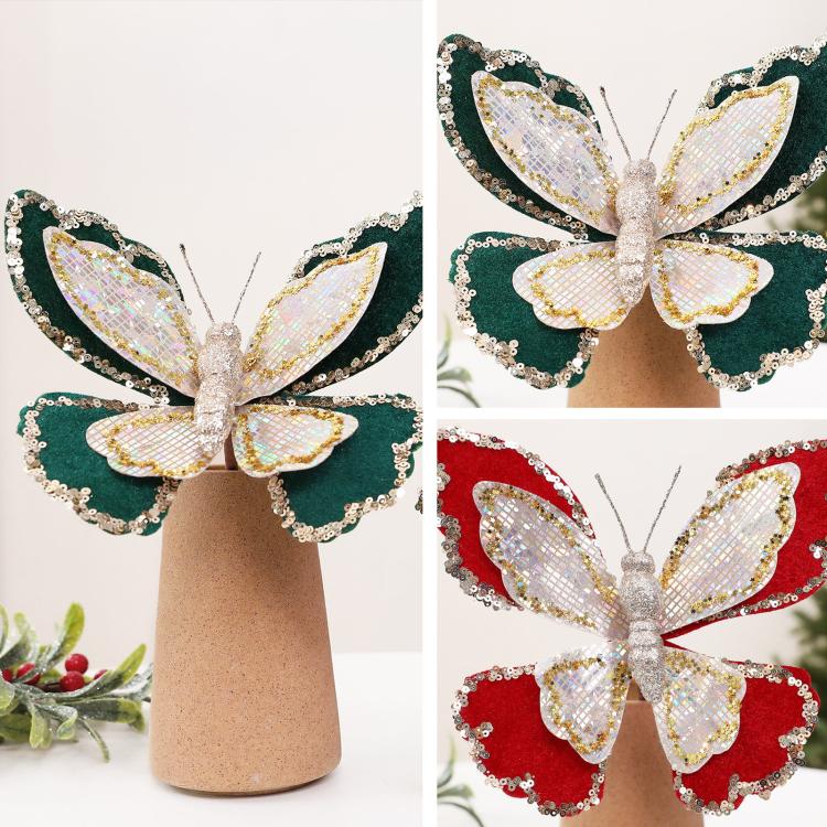 Double-layer sequin butterfly ornament, mixed red and dark green designs with glitter loop
