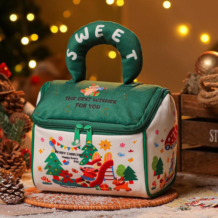 Green zippered Christmas treat tote with plush handle and festive character print