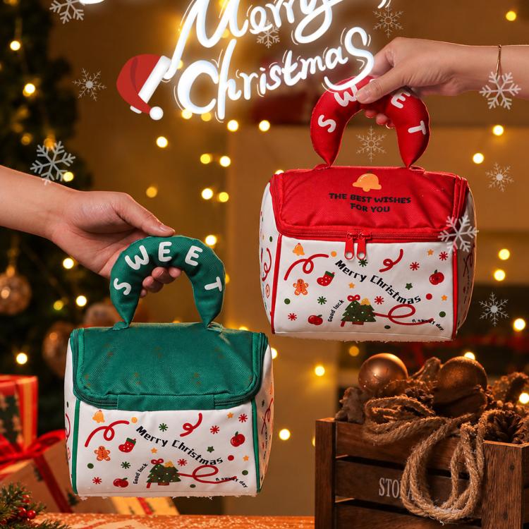 Red and green zippered Christmas treat totes with plush handles