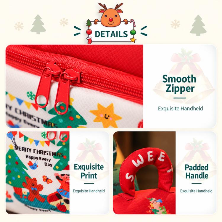 Red zippered Christmas treat tote with smooth zipper and padded handheld handle