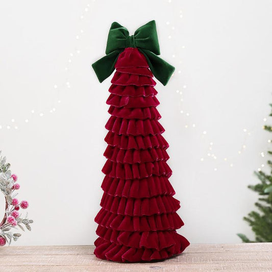 Dark red tiered fabric Christmas tree ornament with green bow