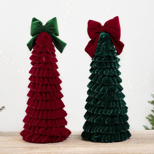 Pair of tiered fabric Christmas tree ornaments, dark red and dark green