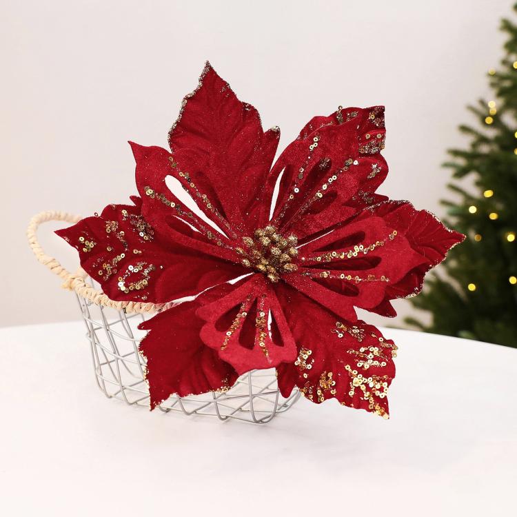 Wine red velvet poinsettia flower decoration with glittery accents, DIY holiday prop