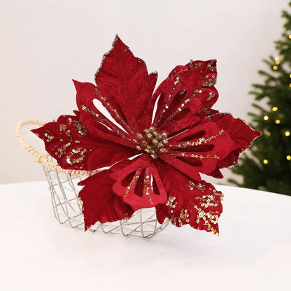 Wine red velvet poinsettia flower decoration with glittery accents, DIY holiday prop