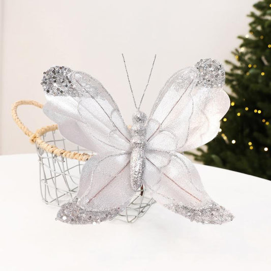 Silver glitter butterfly ornament with sequin wings and hanging loop