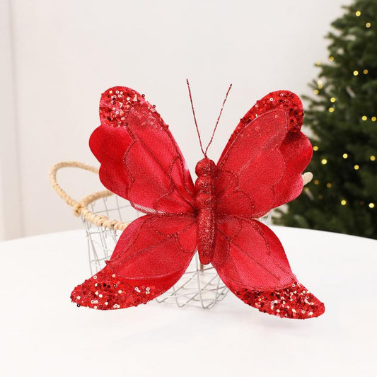 Red glitter butterfly ornament with sequin wings and hanging loop