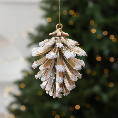Gold-and-white pinecone-style Christmas tree ornament with hanging loop