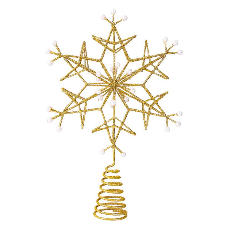 Gold wire snowflake topper with faux pearl beads and coiled wire spring base.