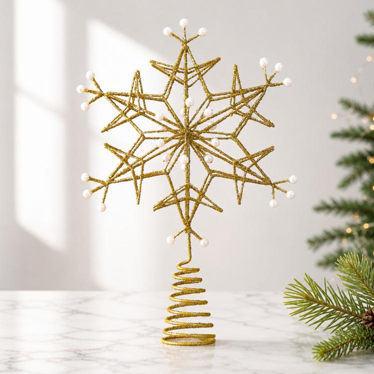 Gold wire snowflake topper with faux pearl beads and tall coiled wire stem.