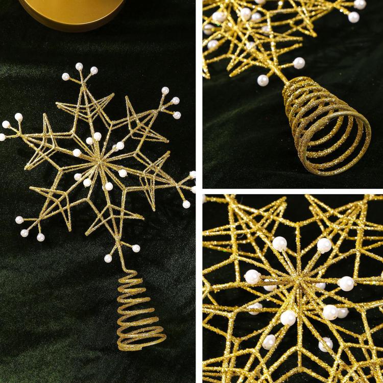 Gold wire snowflake topper with faux pearl bead sprigs and coiled wire spring.