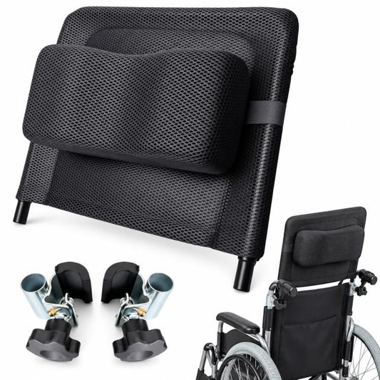 Dark mesh wheelchair headrest attachment with padded support and metal mounting legs