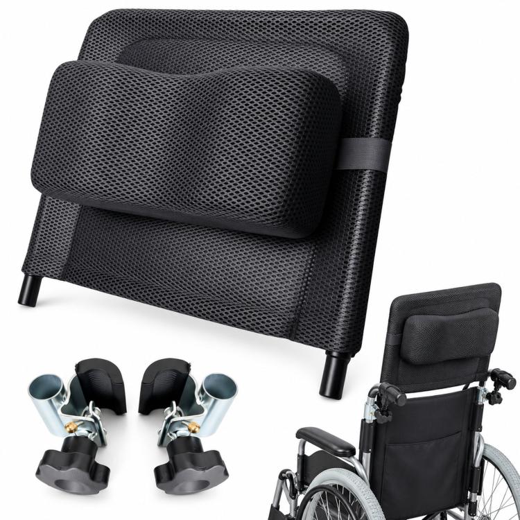 Dark mesh wheelchair headrest cushion with metal mounting clamps and support posts