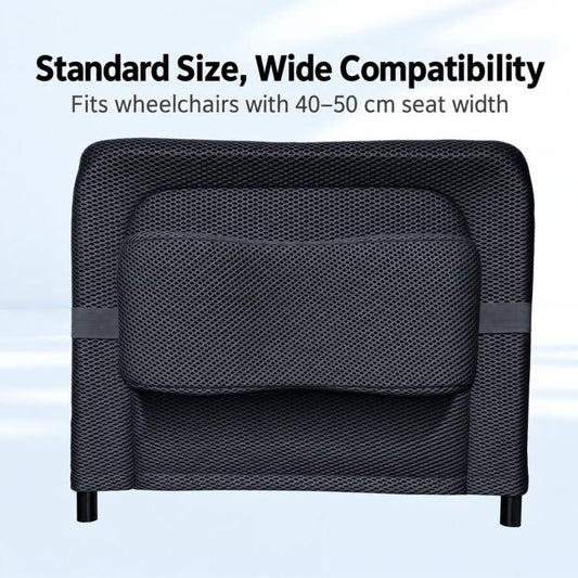 Dark mesh wheelchair headrest cushion with wide padded surround and four support legs