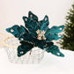 Teal velvet poinsettia ornament with rhinestone accents and hanging loop