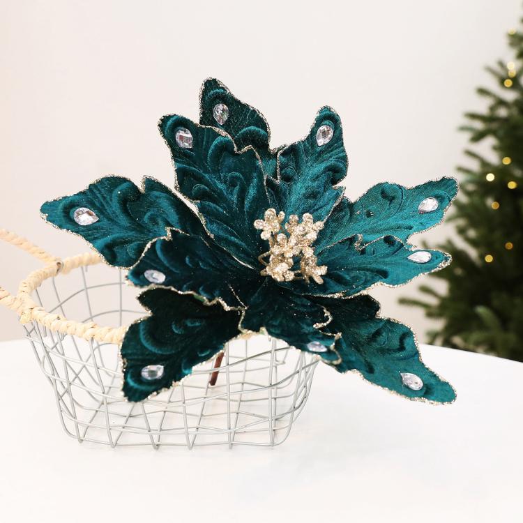 Teal velvet poinsettia ornament with rhinestone accents and hanging loop
