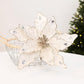 White velvet poinsettia ornament with rhinestone accents and hanging loop