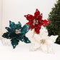 Set of red, teal, and white velvet poinsettia ornaments with rhinestone accents