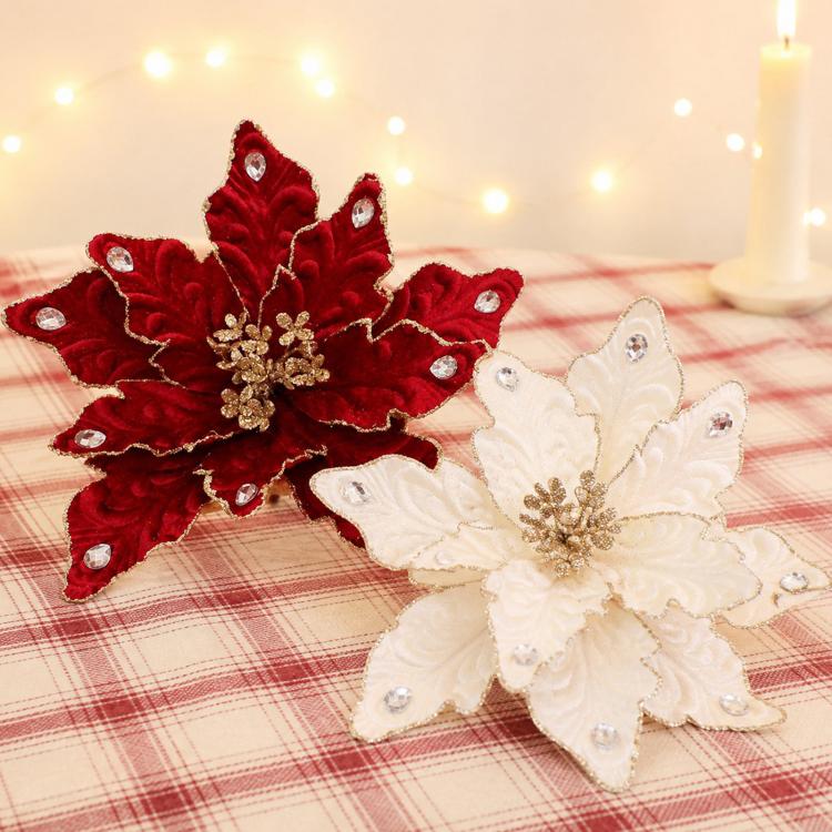 Wine red and white velvet poinsettia ornaments with rhinestone accents