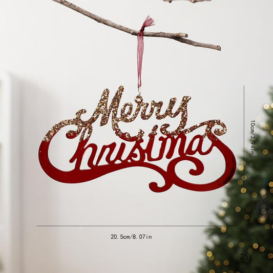 Merry Christmas hanging letter sign ornament in red with gold glitter, acrylic