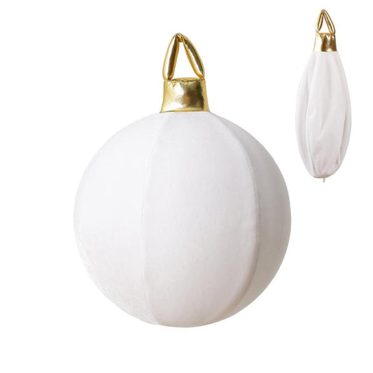 White velvet inflatable Christmas ball ornament with gold loop cap