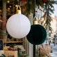 White and green velvet inflatable Christmas ball ornaments with gold loop caps