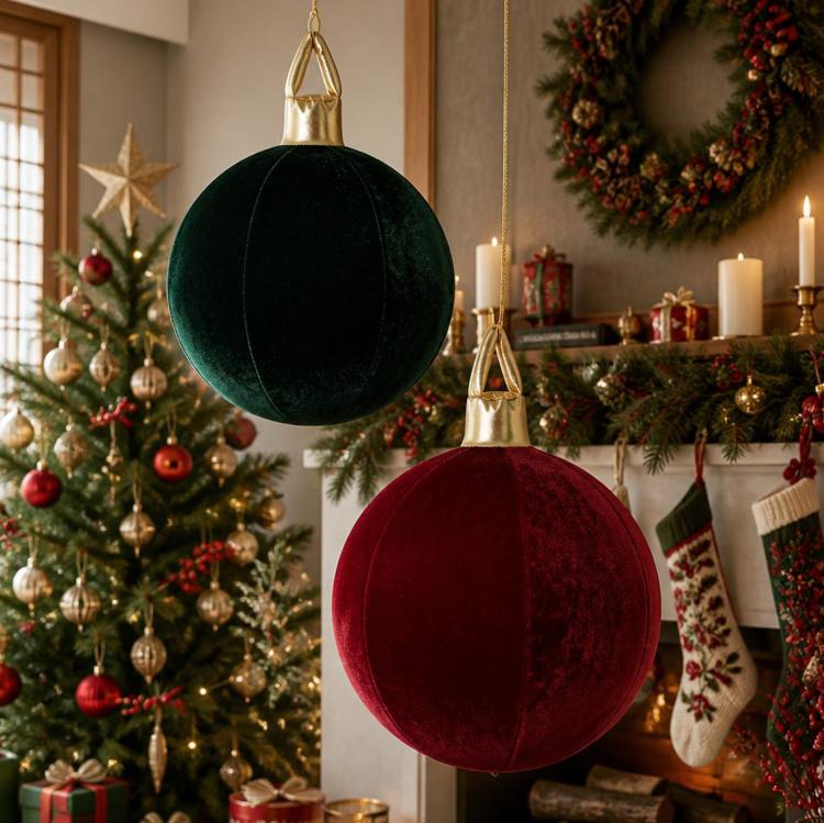 Green and red velvet inflatable Christmas ball ornaments with gold loop caps
