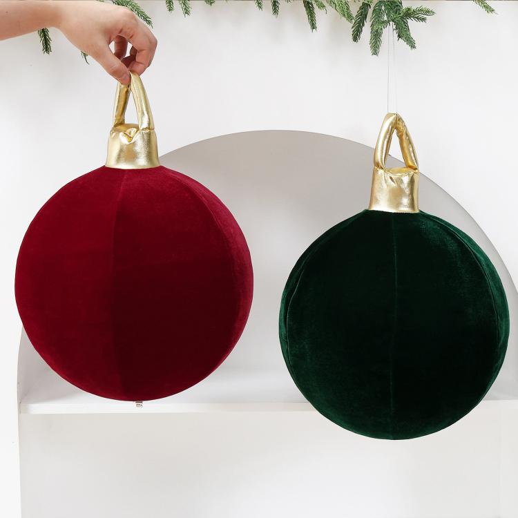 Red and green velvet inflatable Christmas ball ornaments with gold loop caps