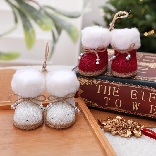 Set of knitted boot ornaments: white and red boots with fluffy cuffs and bead accents