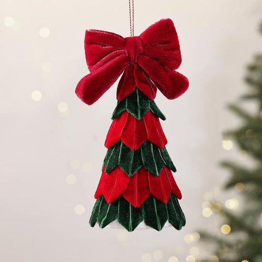 Red and dark green felt Christmas tree ornament with bow, layered tiers, hanging loop