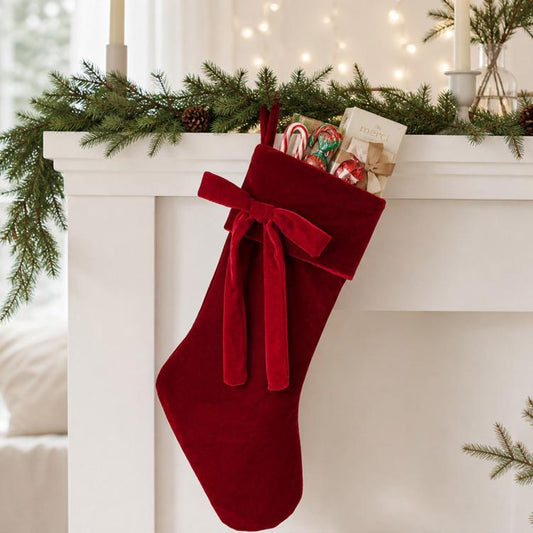 Large velvet Christmas stocking, dark red with matching bow for hanging decor