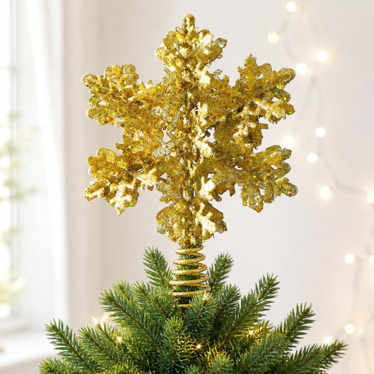 Glitter gold snowflake tree topper with spiral metal stem