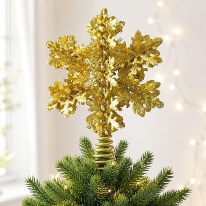 Glitter gold snowflake tree topper with spiral metal stem