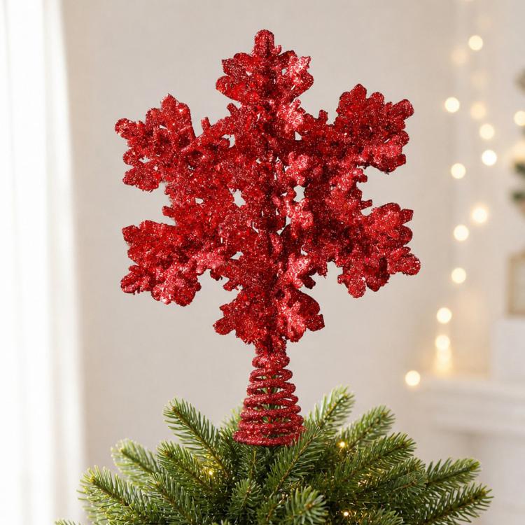 Glitter red snowflake tree topper with spiral metal stem