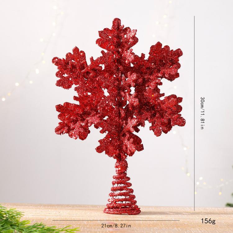 Glitter red snowflake tree topper with spiral metal stem, full view