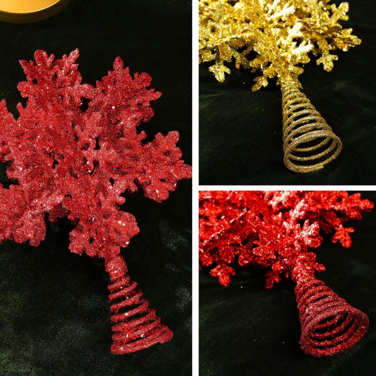 Glitter snowflake tree topper close-ups: red and gold with spiral metal stems