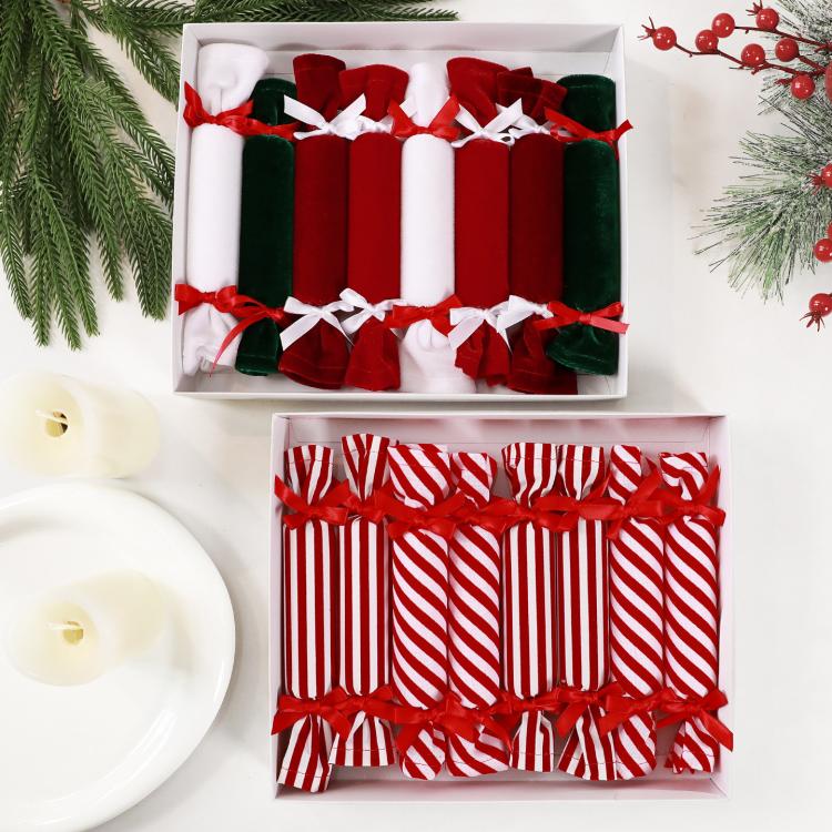 Two-pack plush candy ornaments: green-and-red velvet rolls and red-and-white striped rolls