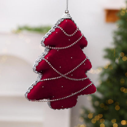 Red velvet foam Christmas tree ornament with silver rhinestone trim and hanging loop