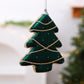 Dark green velvet foam Christmas tree ornament with gold rhinestone trim and hanging loop