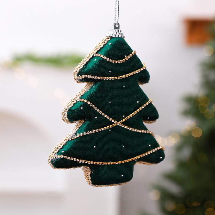 Dark green velvet foam Christmas tree ornament with gold rhinestone trim and hanging loop