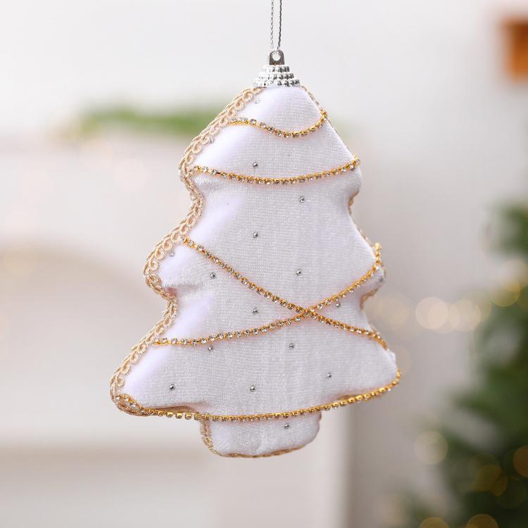 White velvet foam Christmas tree ornament with gold rhinestone trim and hanging loop