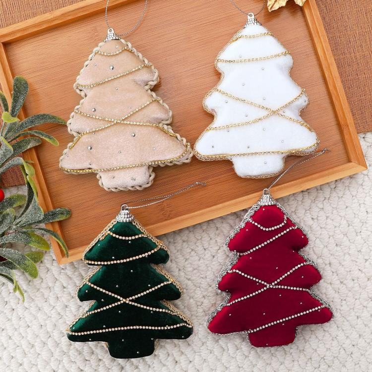 Velvet foam tree ornament set with rhinestone trim: red, dark green, white, champagne gold
