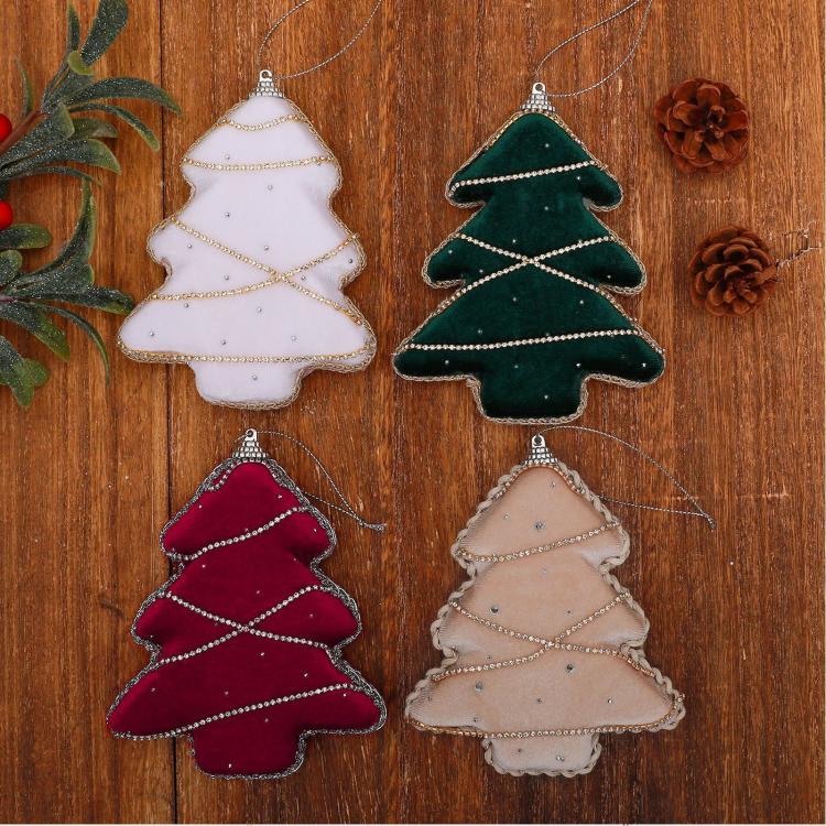 Velvet foam Christmas tree ornaments in white, dark green, red, and champagne gold with rhinestones