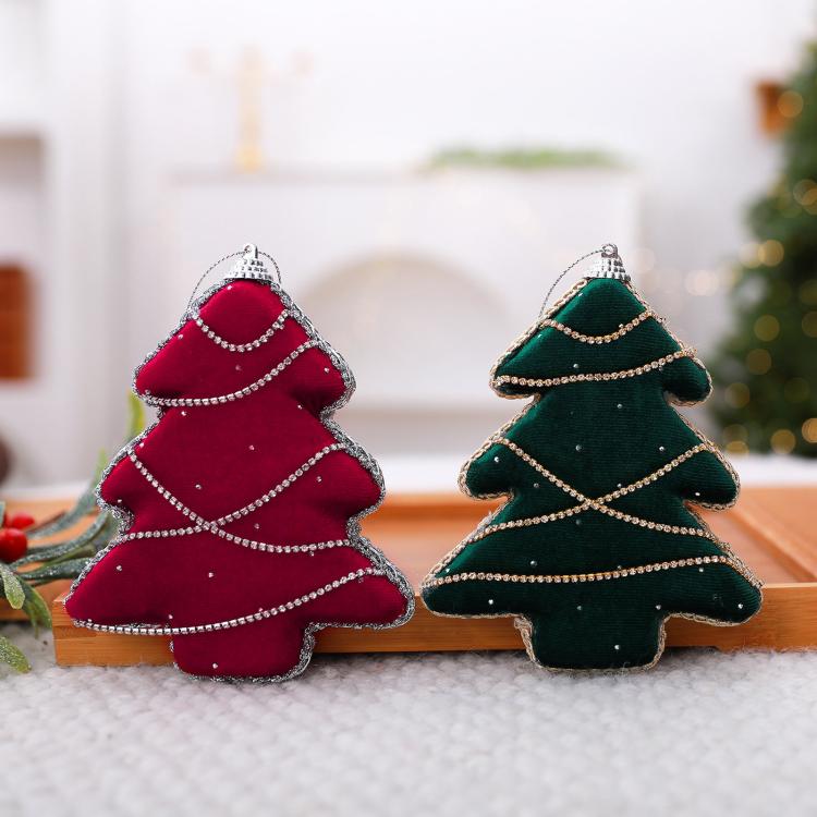 Red and dark green velvet foam Christmas tree ornaments with gold/silver rhinestone trim