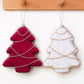 Velvet foam Christmas tree ornaments in red and white with rhinestone trim, hanging loops
