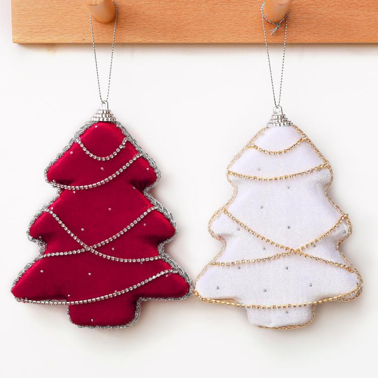 Velvet foam Christmas tree ornaments in red and white with rhinestone trim, hanging loops