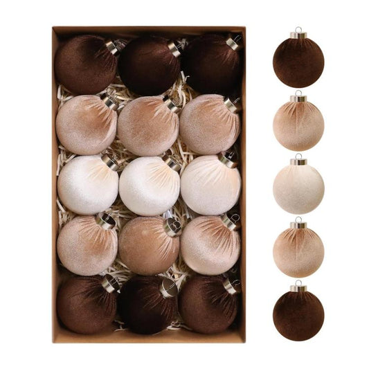 Velvet Christmas ball ornaments set, brown and beige velvet balls with hanging loops