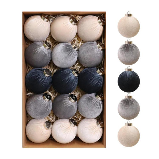Velvet Christmas ball ornaments set, gray and navy velvet balls with hanging loops