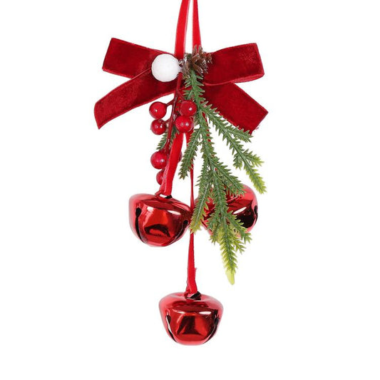 Red Christmas door-hanging ornament with velvet bow, pine branches, and three hanging bells